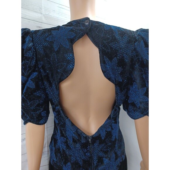 Vtg Scott McClintock Velvet Dress 10 Black Blue Glitter 90s Open Back Scalloped - Picture 7 of 11